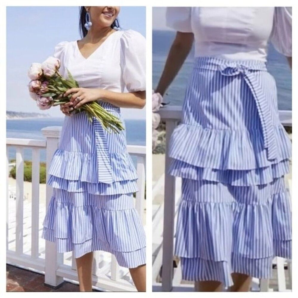 Rachel Parcell Blue White Belted Striped Tiered Layer Pull On Midi Skirt Size L